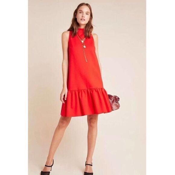 NWOT MAEVE Anthropologie Red orange Ruffle hem sleeveless dress size Xsmall - Picture 1 of 7